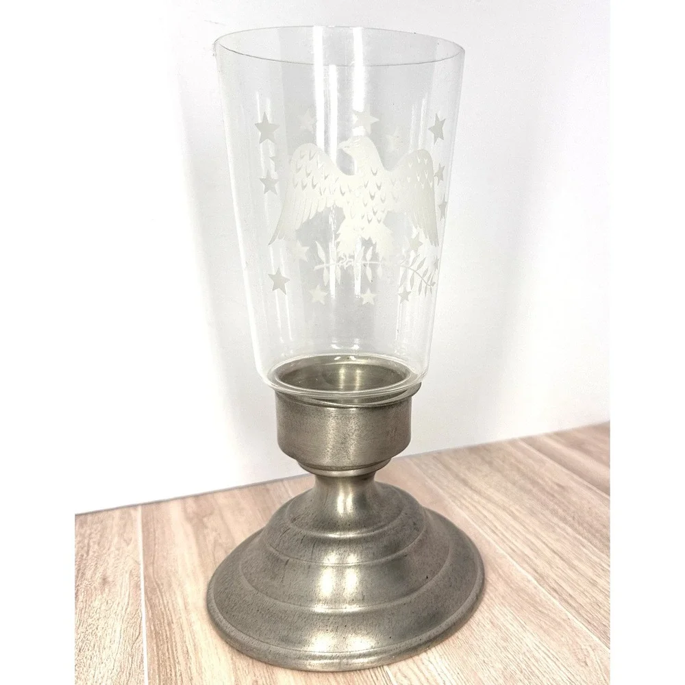 Vintage Americana Eagle Stars Glass Hurricane Candle Holder Pewter Tone Base